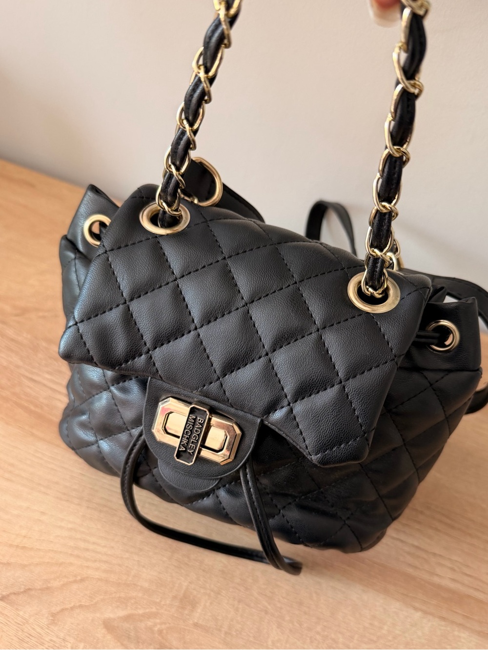 Badgley Mischka Black Quilted Micro Mini Backpack Purse Adjustable Straps